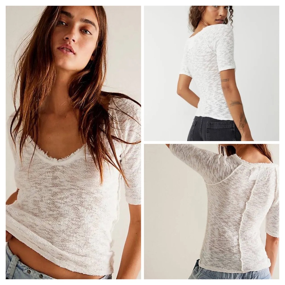 We The Free Top Womens Large Ivory White V-Neck Raw Edge Elbow Sleeve